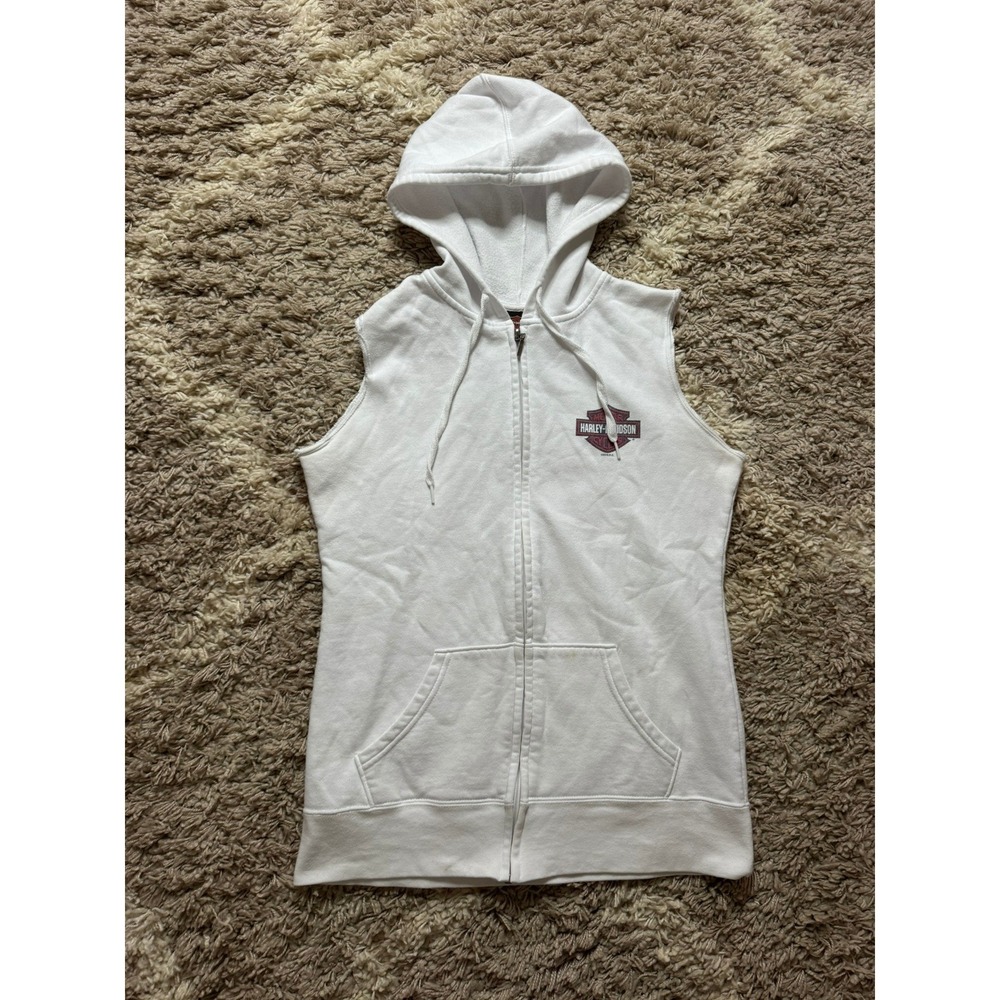 Harley-Davidson Womens White Sleeveless Zip Up Hoodie Vest Mile High Colorado S